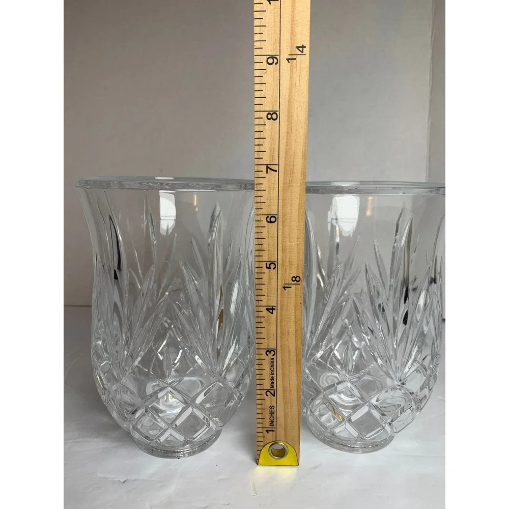 Vintage Clear‎ Cut Glass Hurricane Candle Shades Diamond Leaf Pattern Set of 2